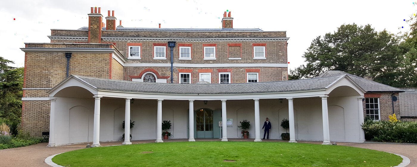 The colonnaded front entrance of Valentines Mansion in Valentines Park, Ilford