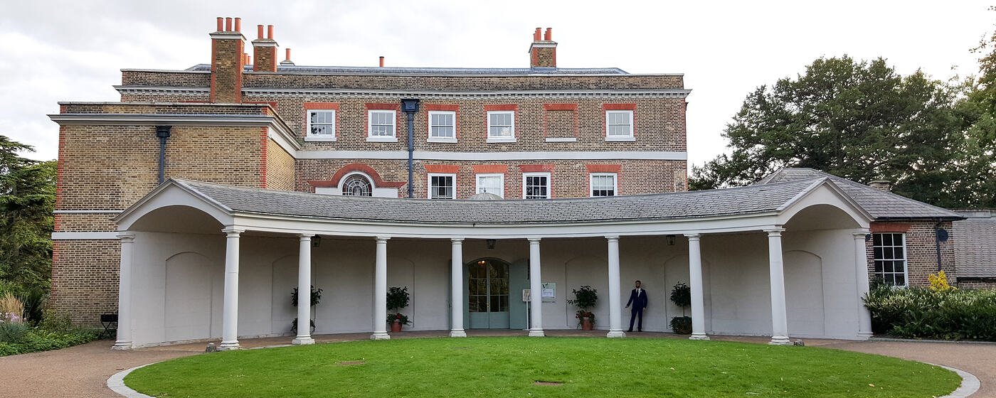 The colonnaded front entrance of Valentines Mansion in Valentines Park, Ilford