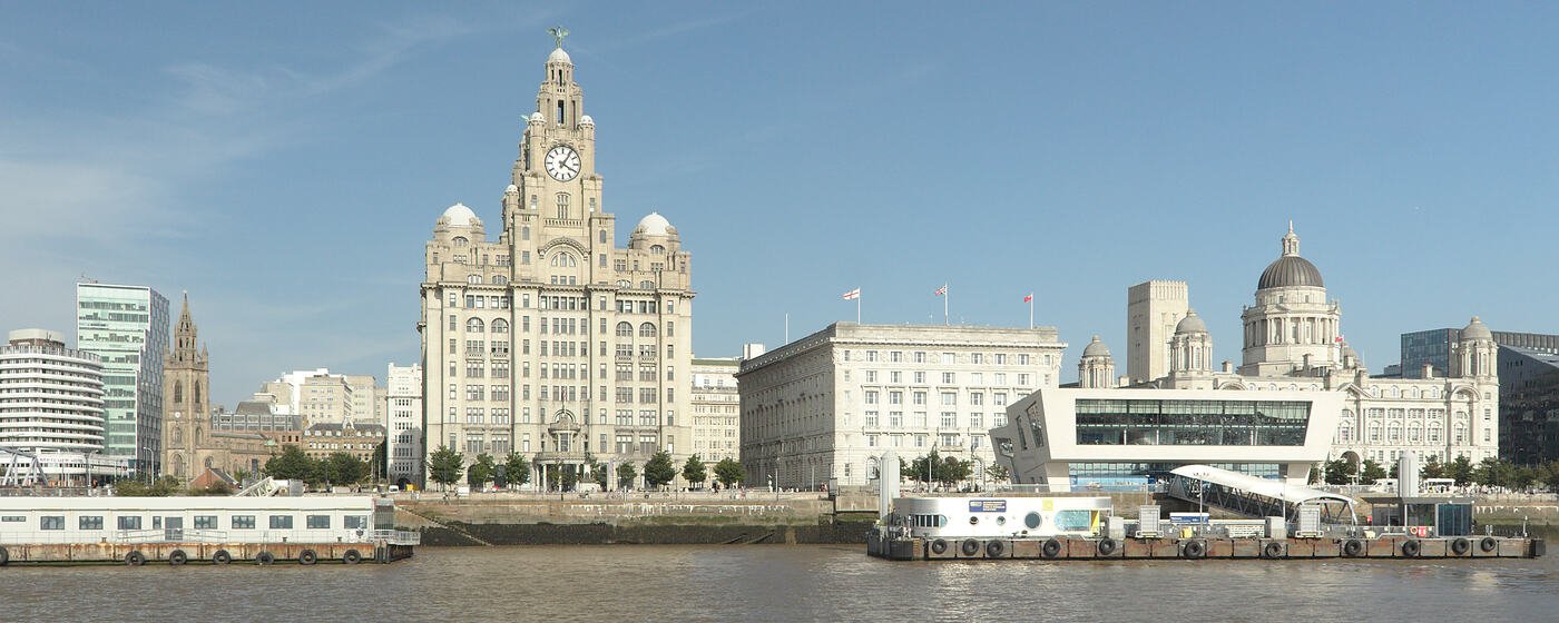 The Royal Liver Building and the rest of the Pier Head waterfront in Liverpool, seen from the Mersey