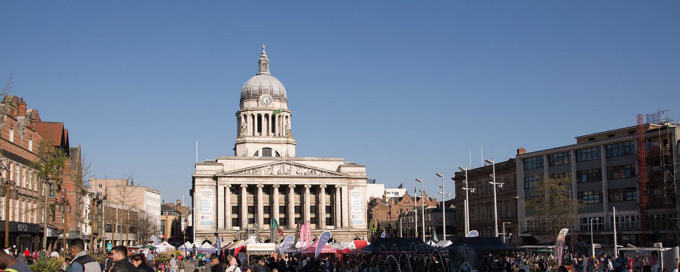 The dome and portico of Nottingham Council House above Old Market Square